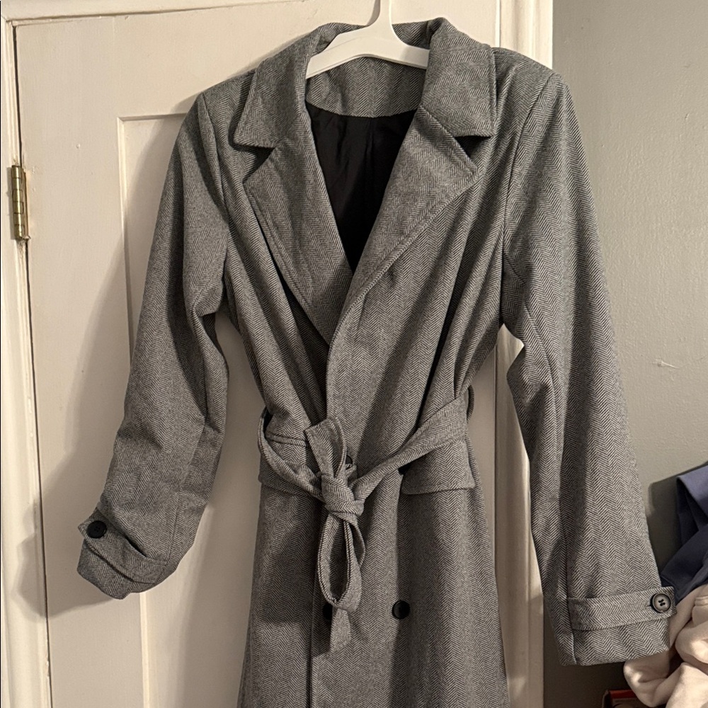 Gray Long Double-Breasted Coat - image 4